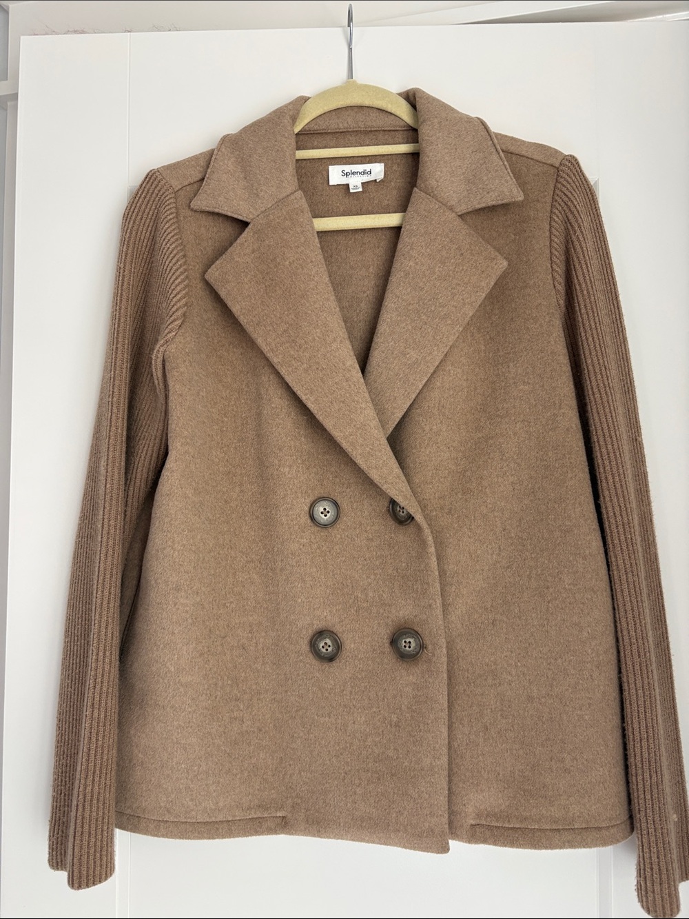 Splendid Taupe Rib-Sleeve Double-Breasted Pea Coat